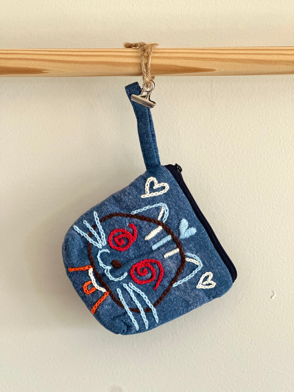 Handmade Cotton Linen Pouch|Coin Bag|Jean Color - Cat