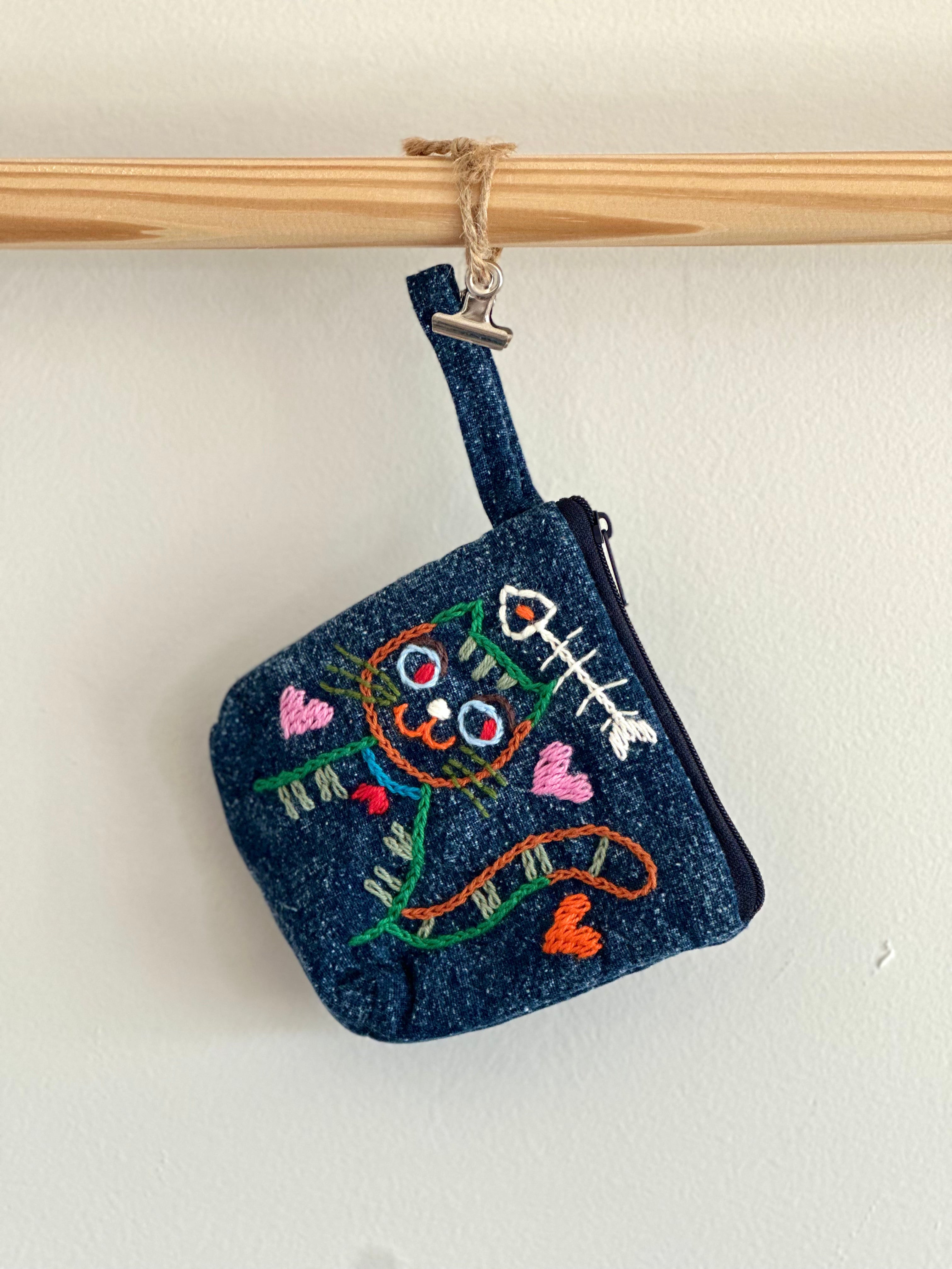 Handmade Cotton Linen Pouch|Coin Bag|Jean Color - Cat