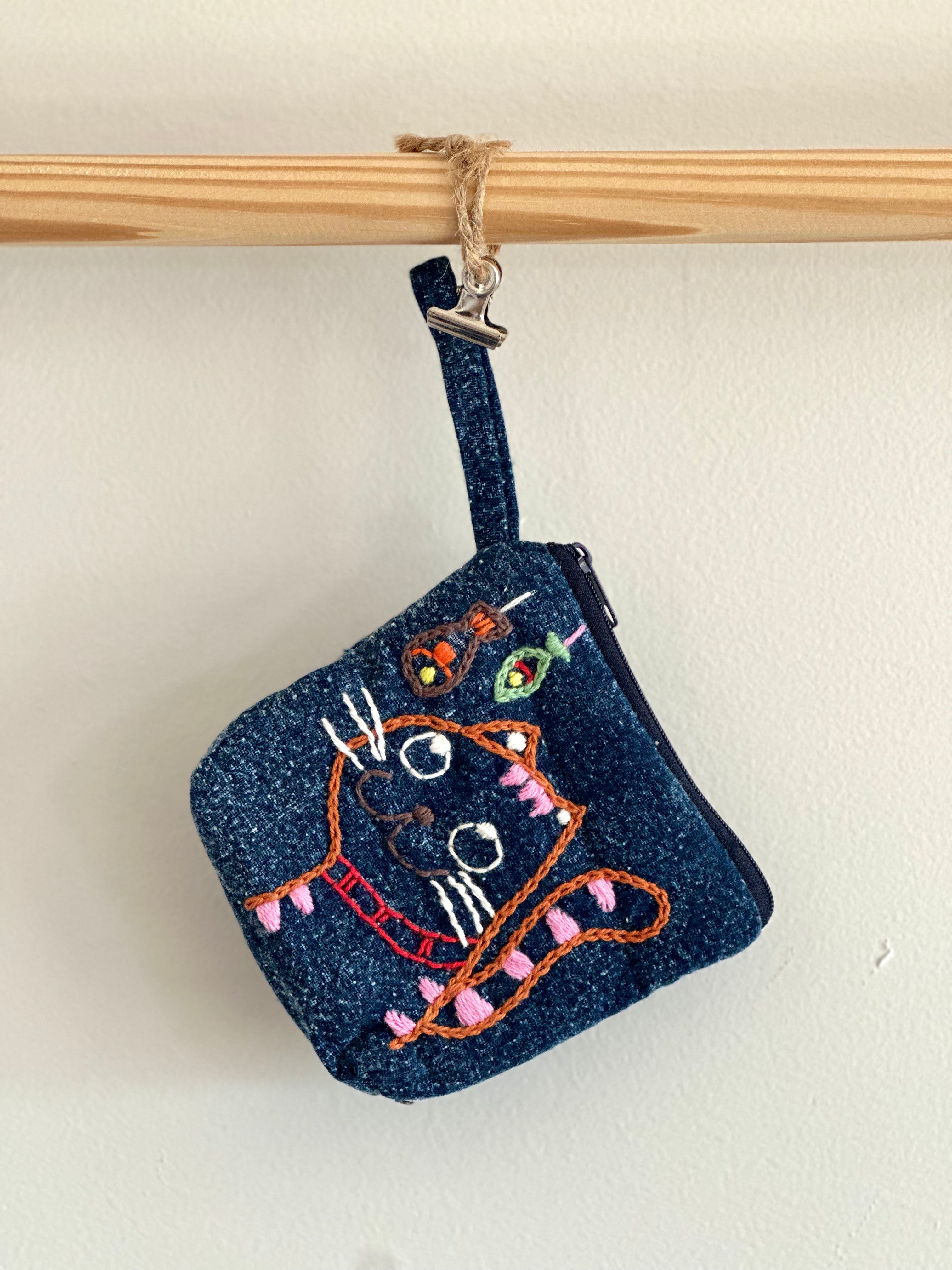Handmade Cotton Linen Pouch|Coin Bag|Jean Color - Cat
