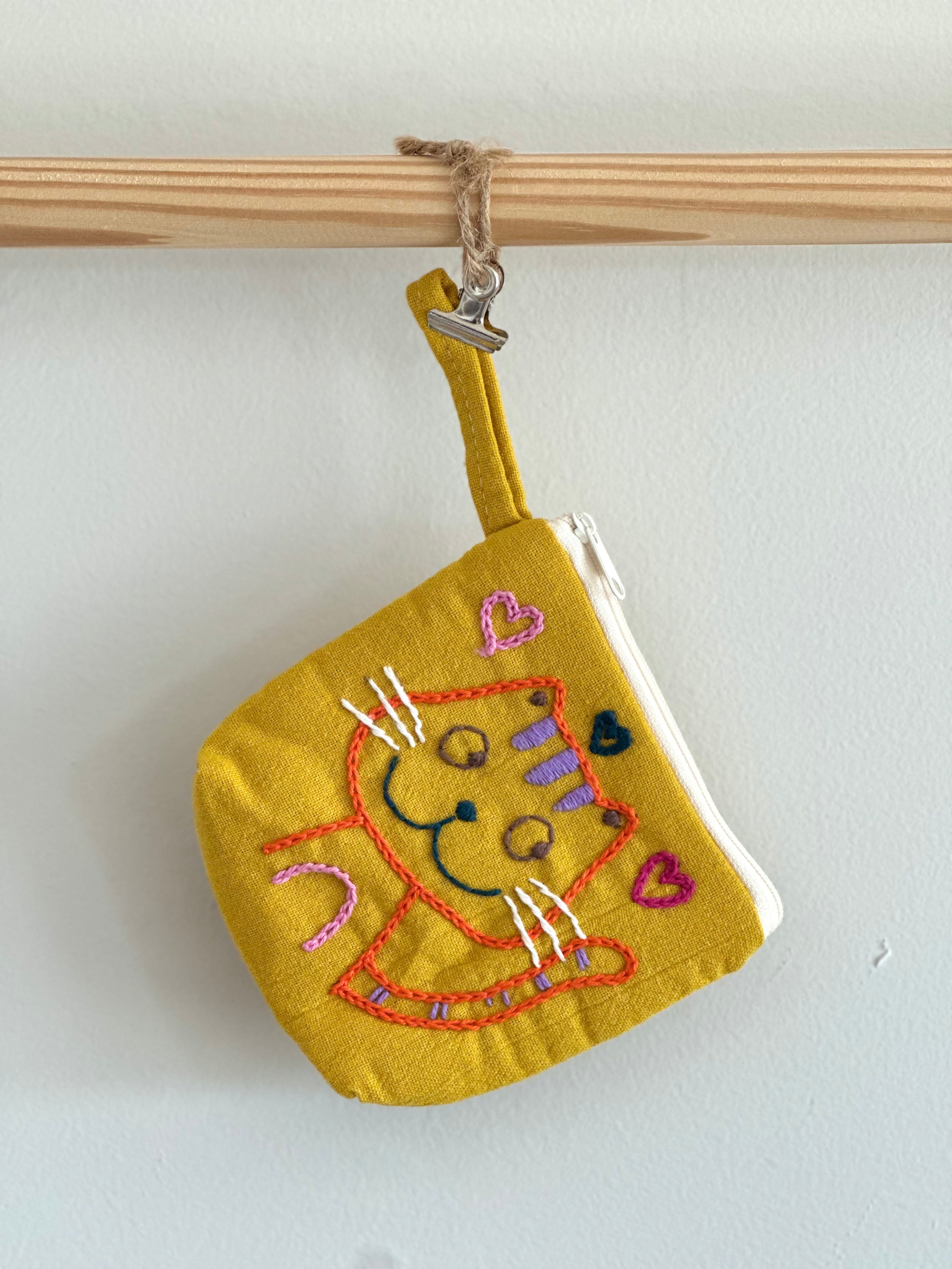 Handmade Cotton Linen Pouch|Coin Bag|Jean Color - Cat