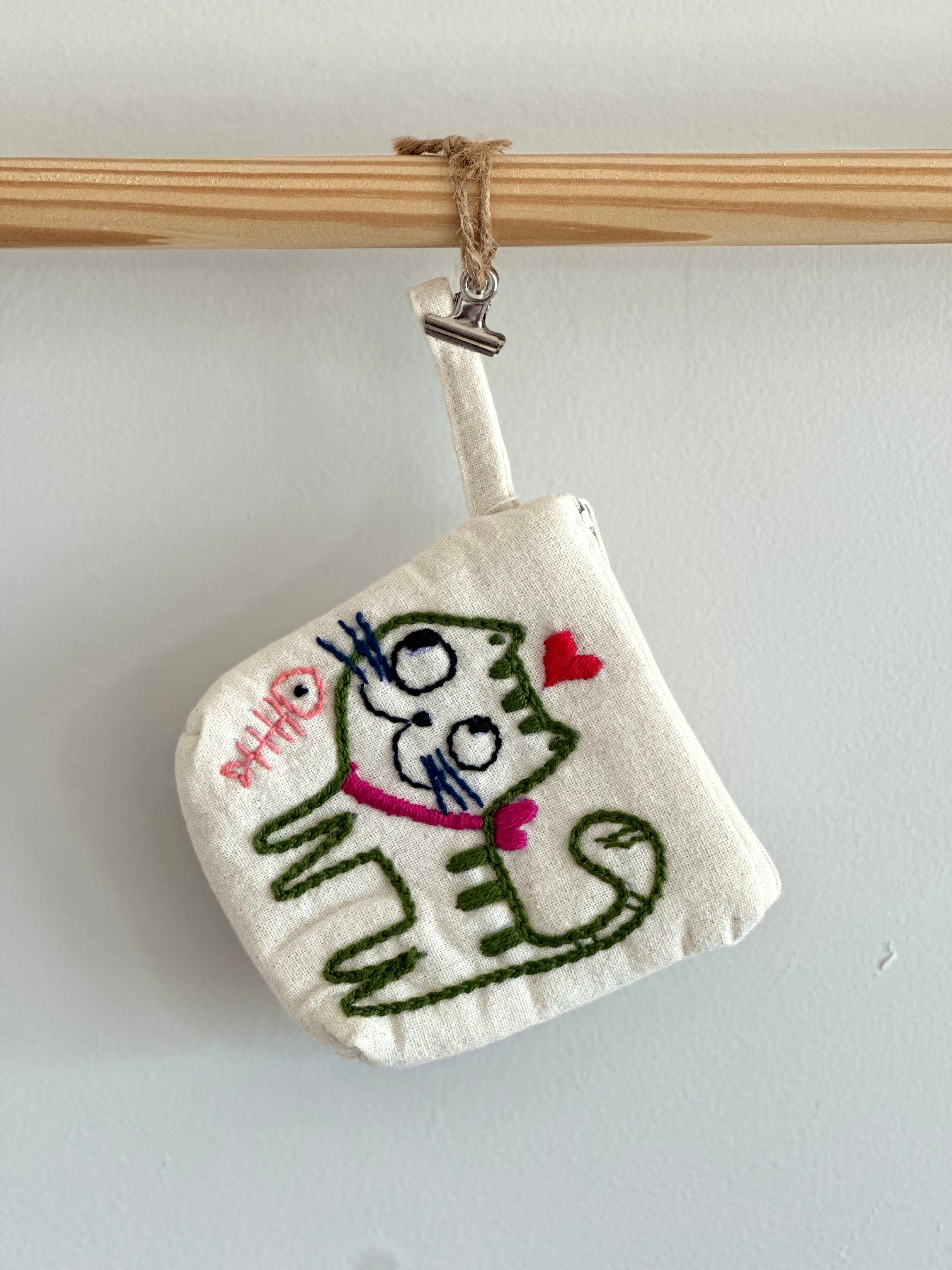 Handmade Cotton Linen Pouch|Coin Bag|Jean Color - Cat