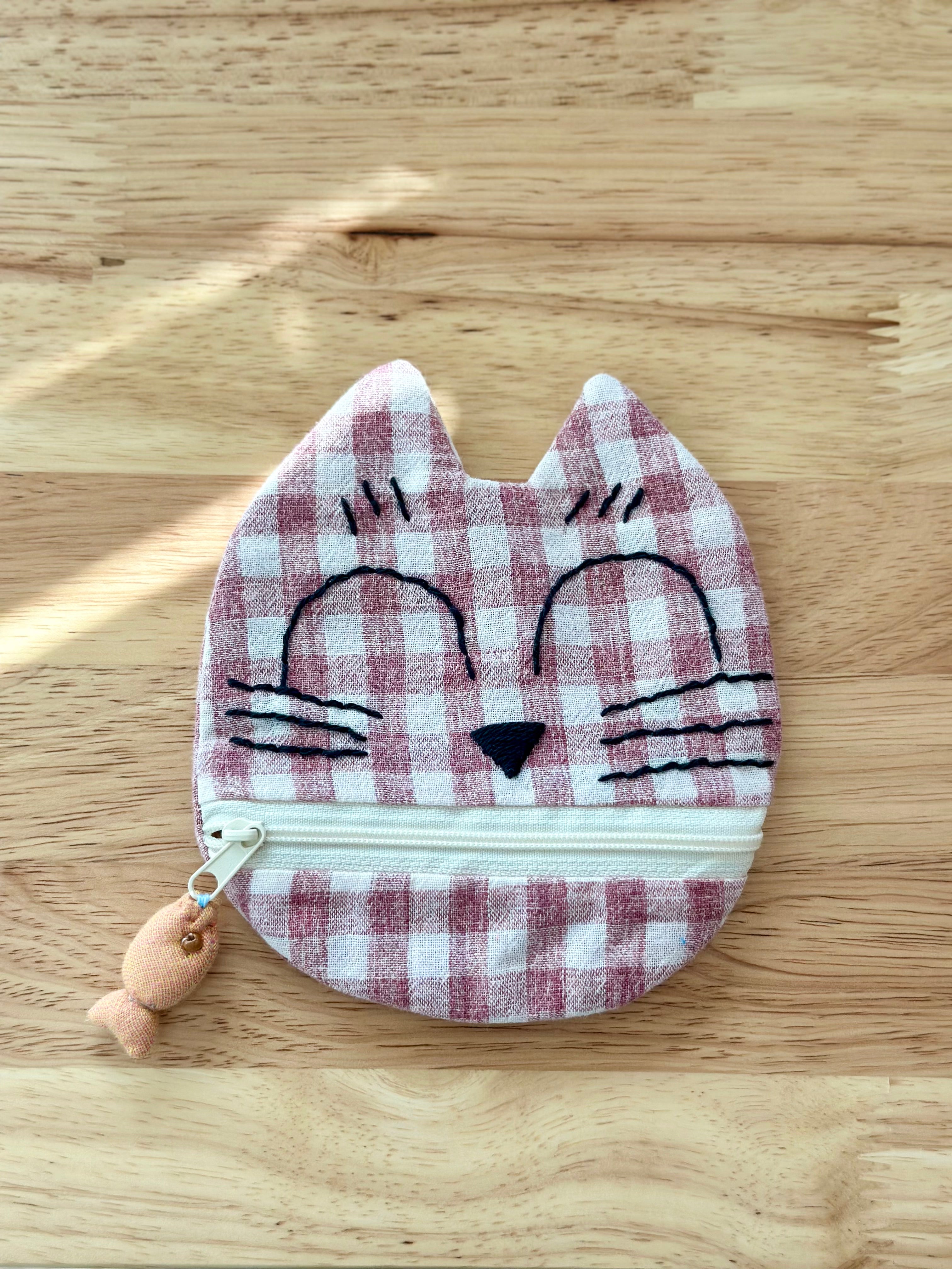 Handmade Cotton Linen Pouch|Coin Bag|  - Checker Cat