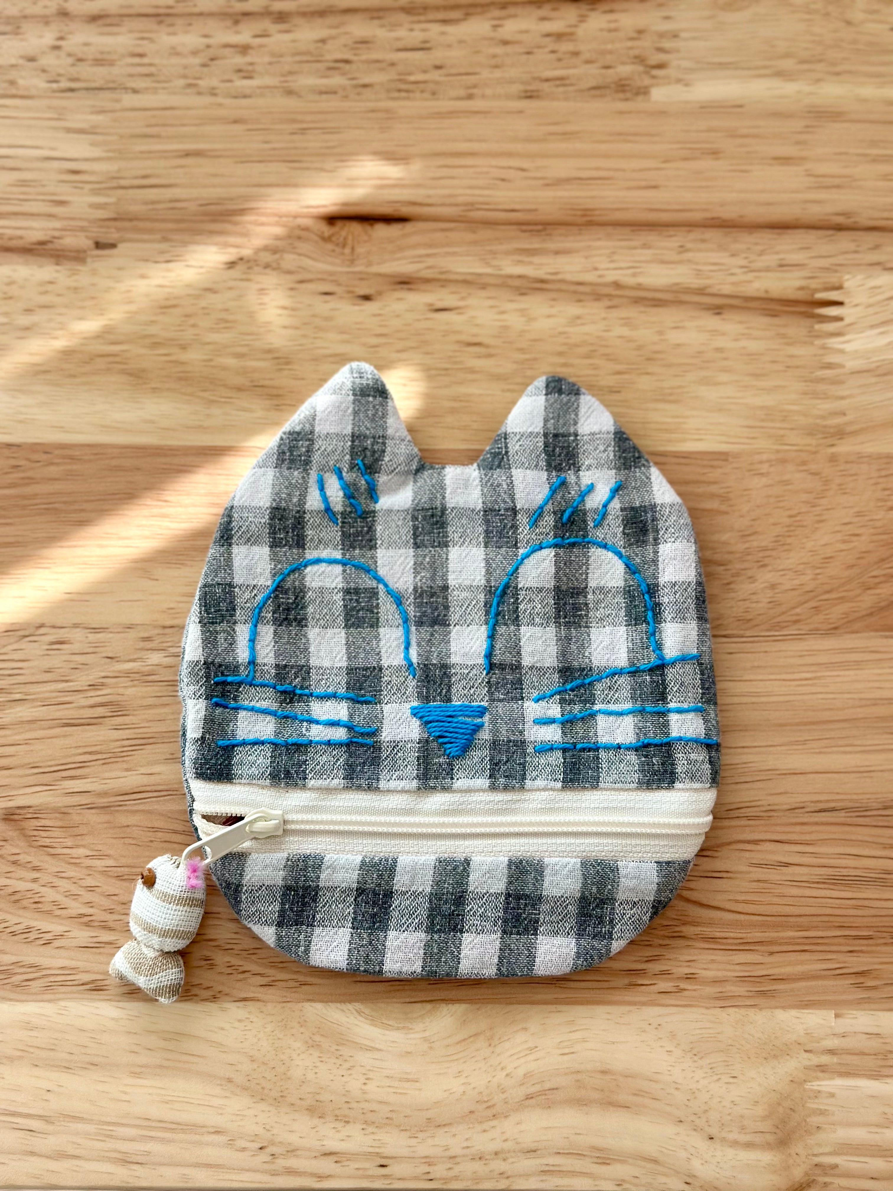 Handmade Cotton Linen Pouch|Coin Bag|  - Checker Cat