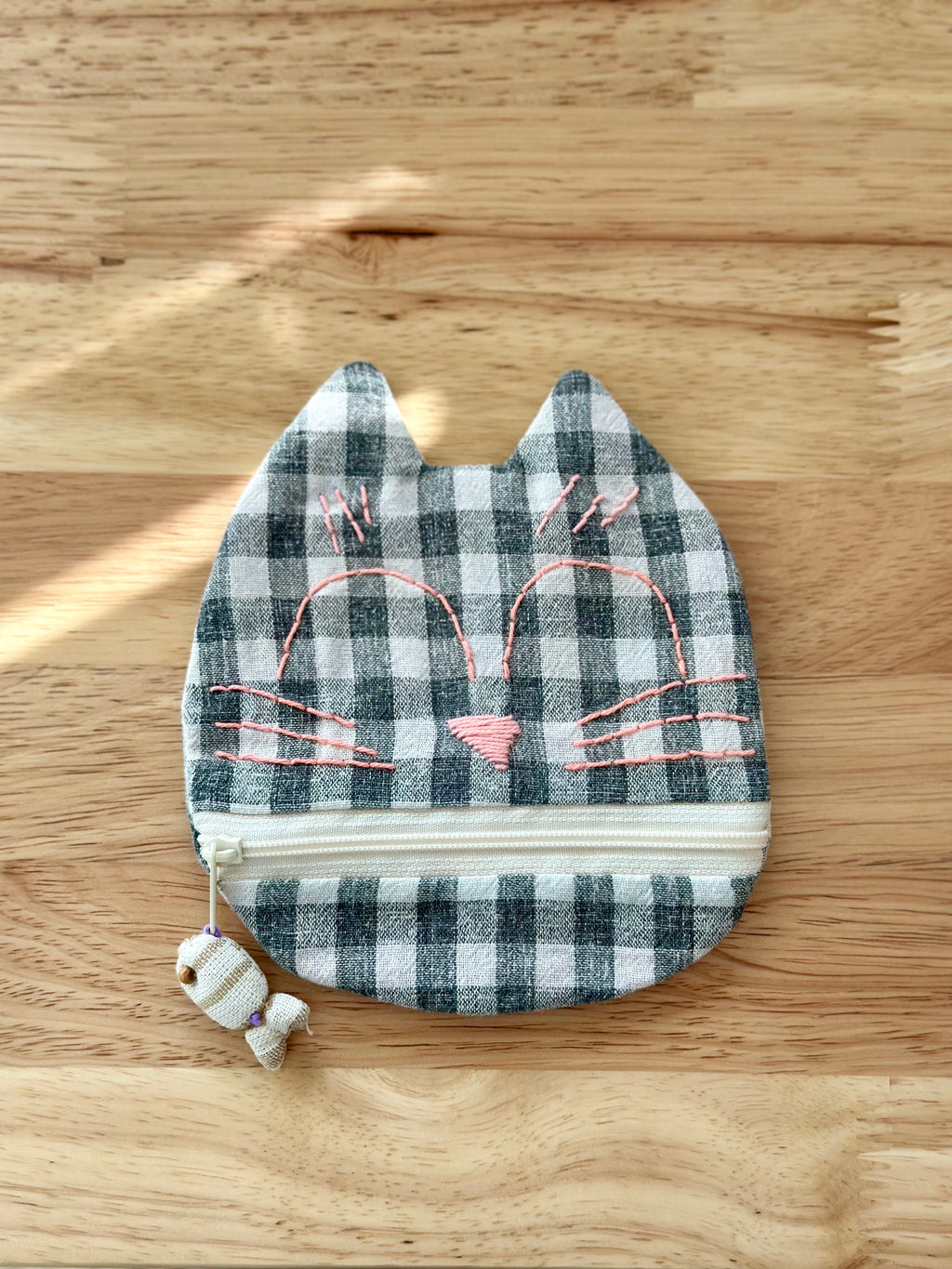 Handmade Cotton Linen Pouch|Coin Bag|  - Checker Cat