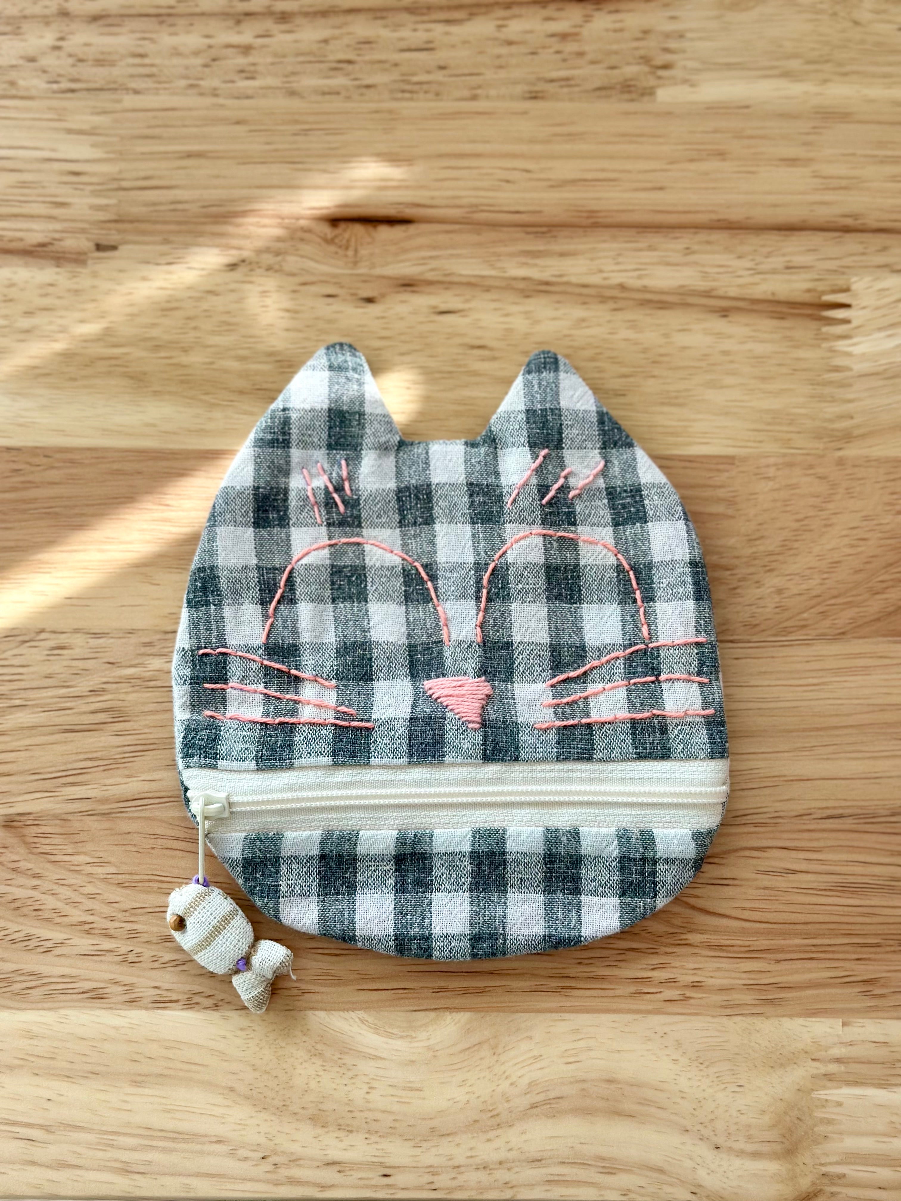Handmade Cotton Linen Pouch|Coin Bag|  - Checker Cat