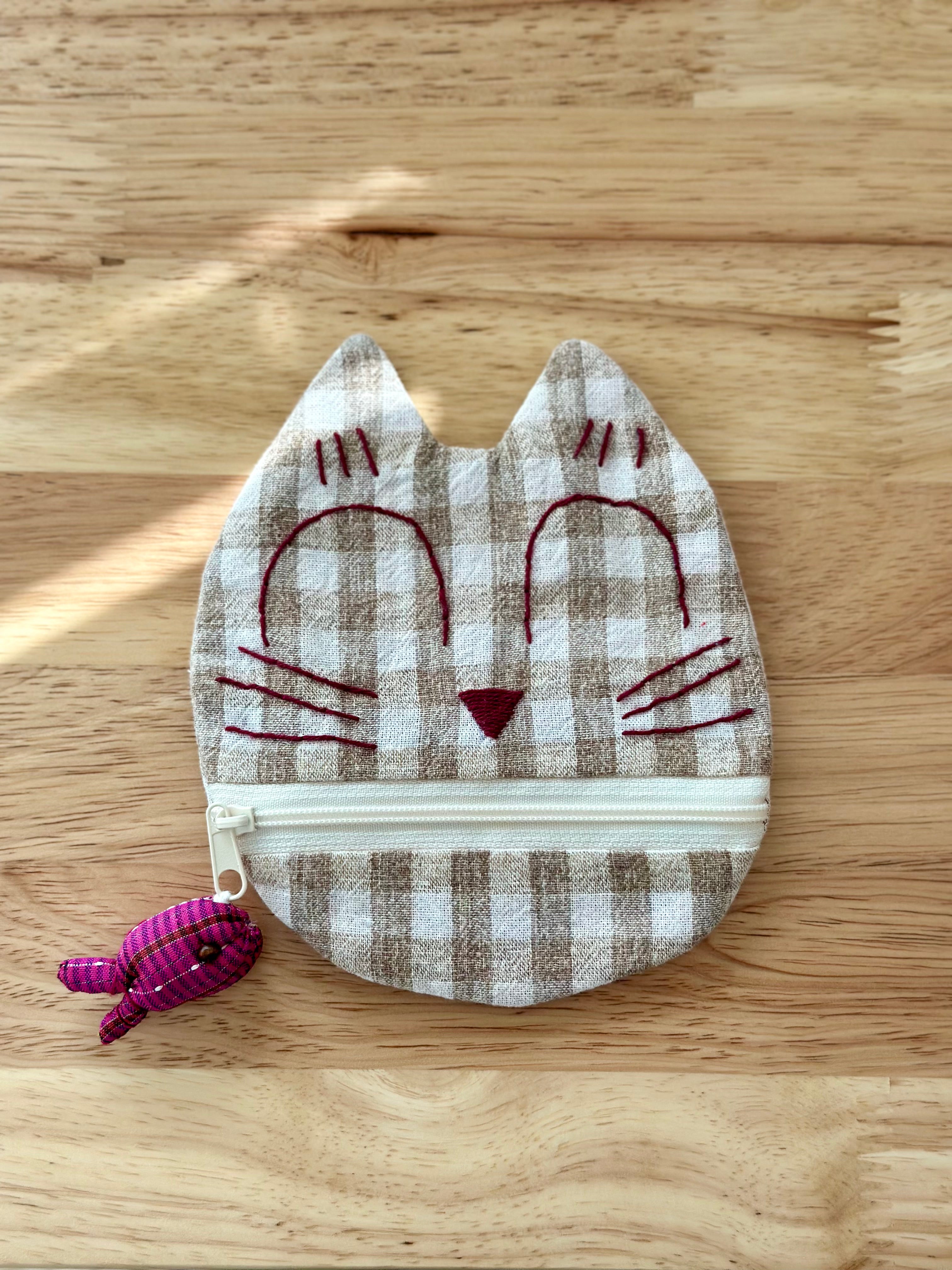 Handmade Cotton Linen Pouch|Coin Bag|  - Checker Cat