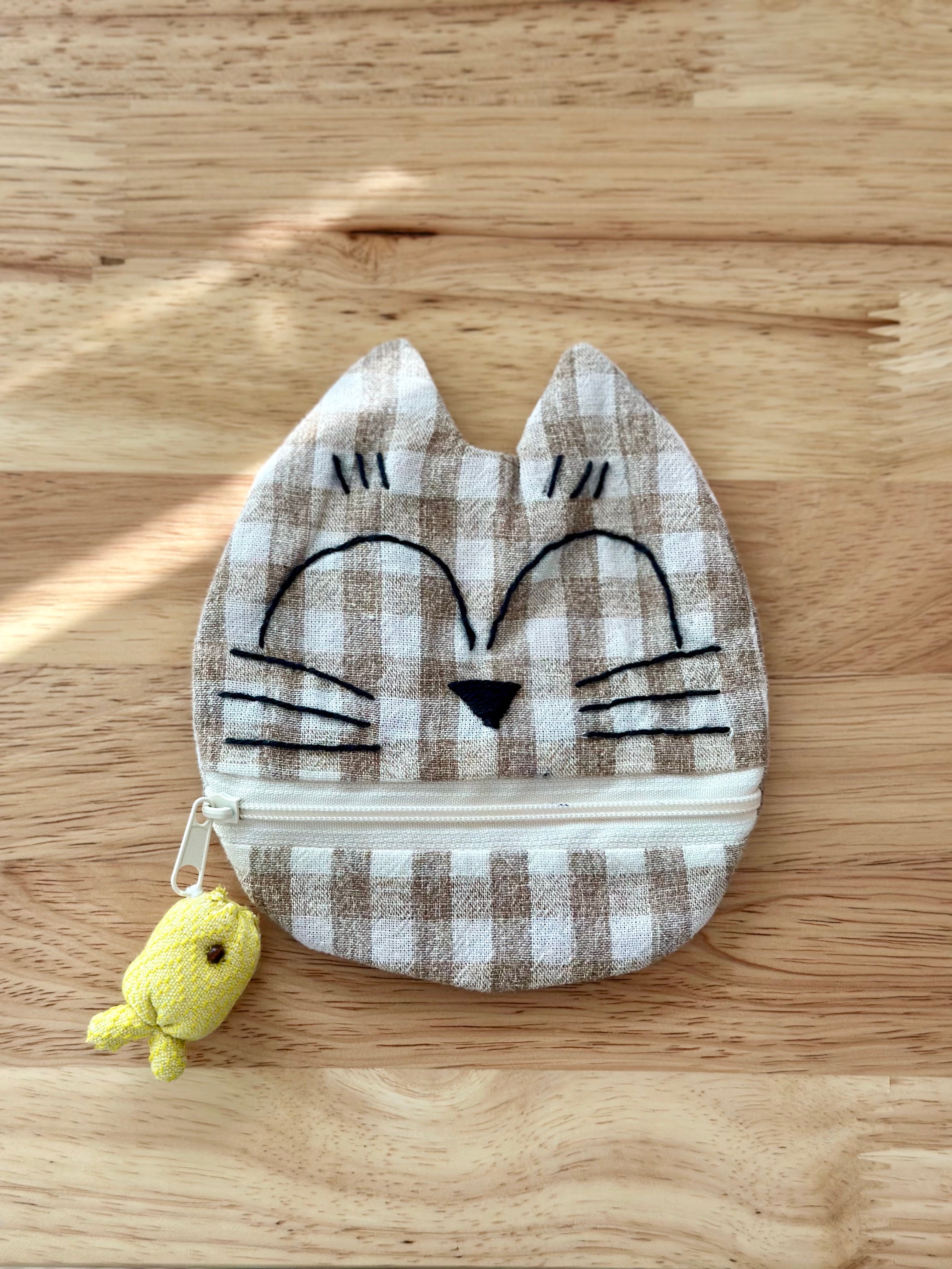 Handmade Cotton Linen Pouch|Coin Bag|  - Checker Cat