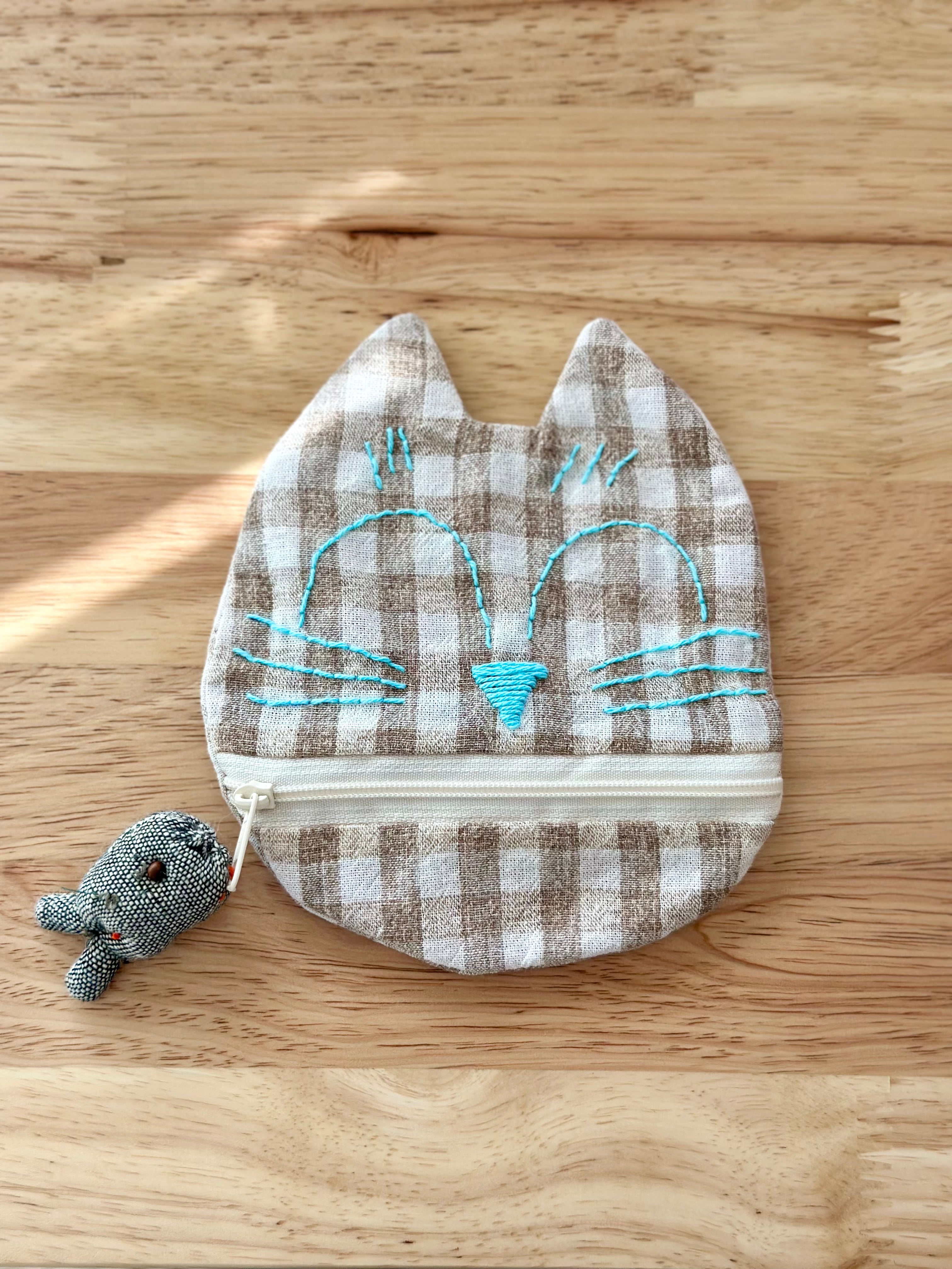 Handmade Cotton Linen Pouch|Coin Bag|  - Checker Cat