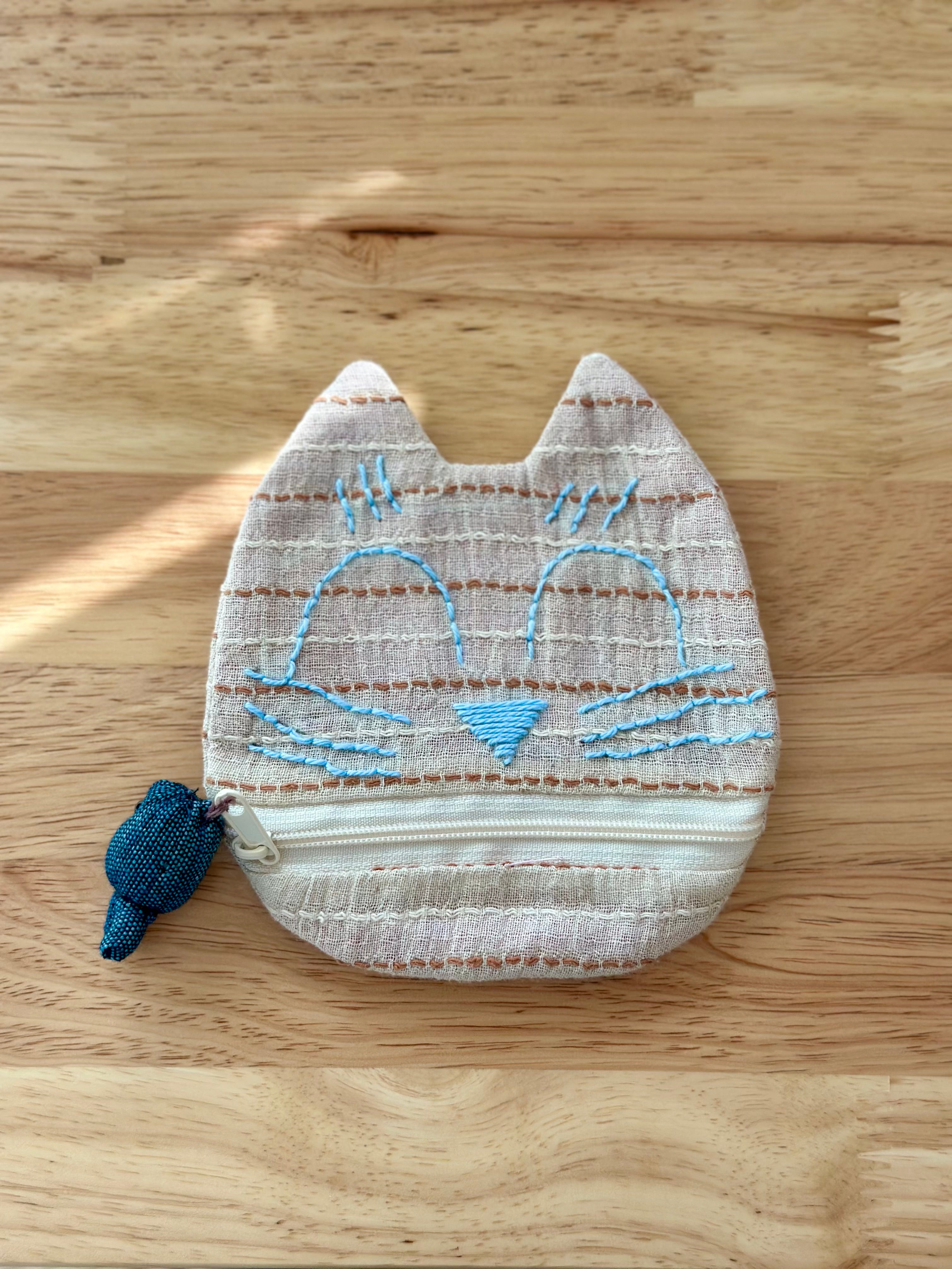 Handmade Cotton Linen Pouch|Coin Bag|  - Checker Cat