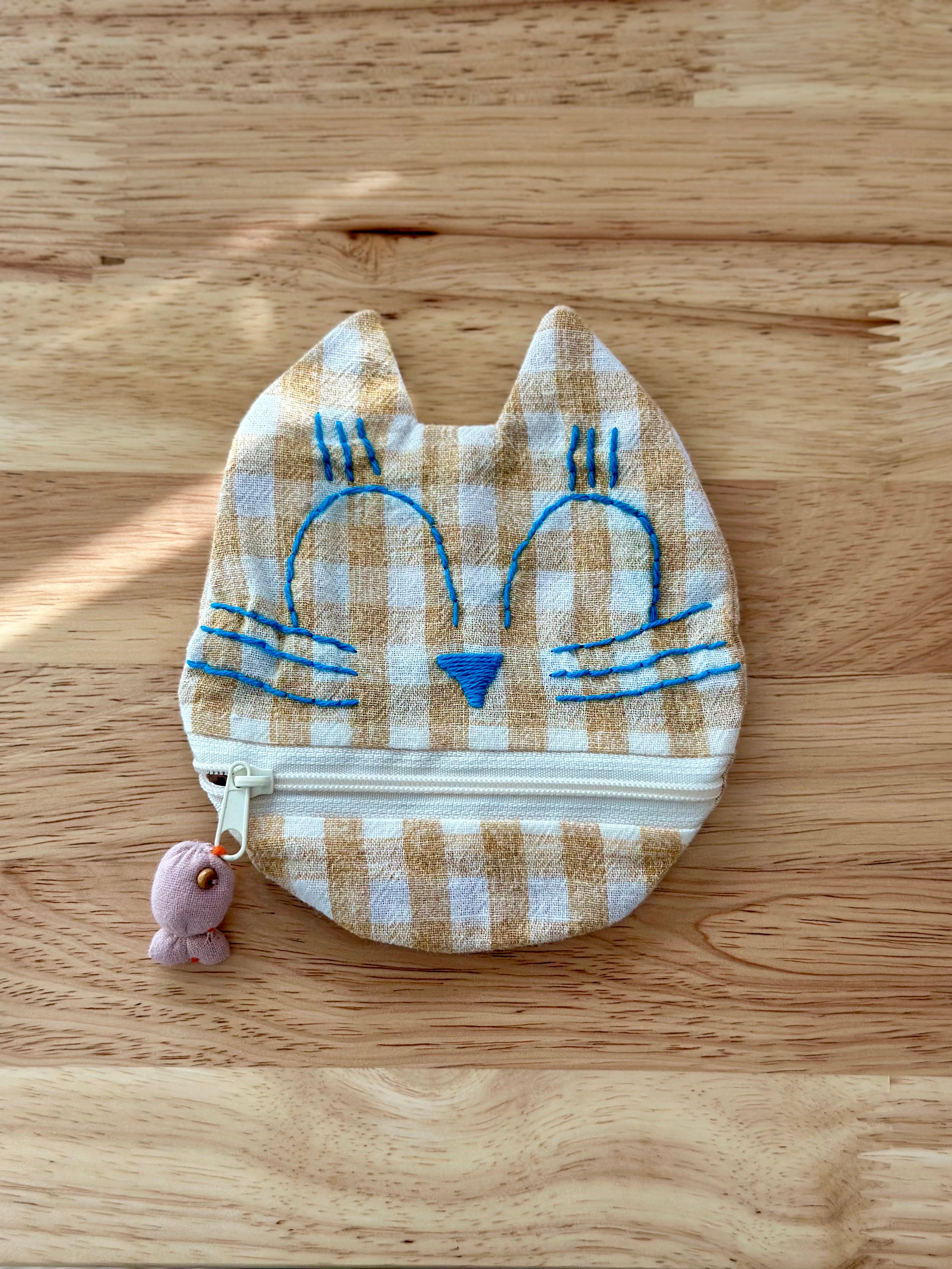 Handmade Cotton Linen Pouch|Coin Bag|  - Checker Cat
