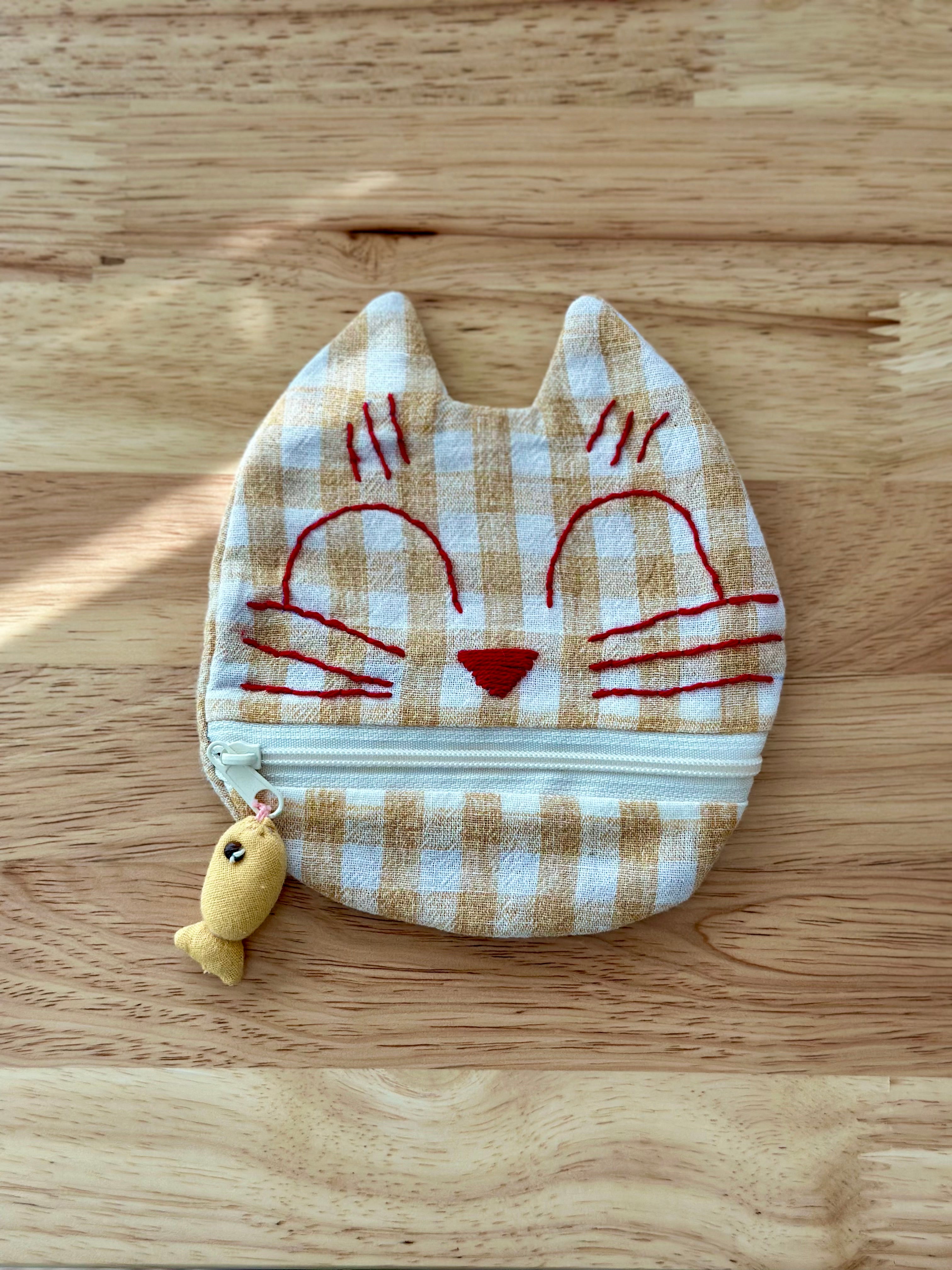 Handmade Cotton Linen Pouch|Coin Bag|  - Checker Cat