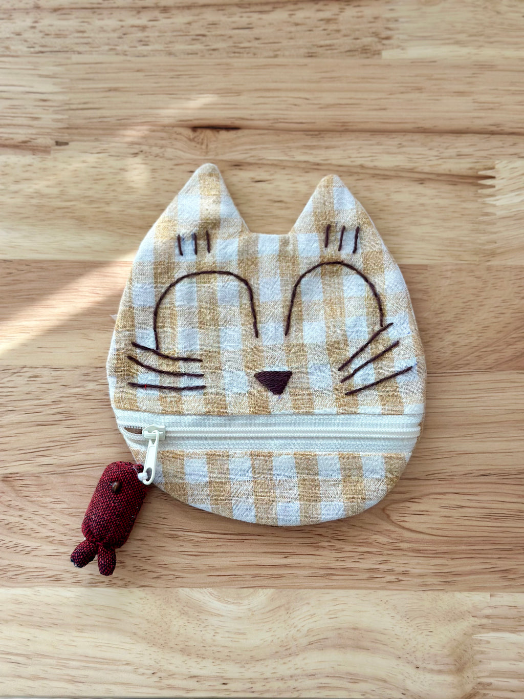 Handmade Cotton Linen Pouch|Coin Bag|  - Checker Cat