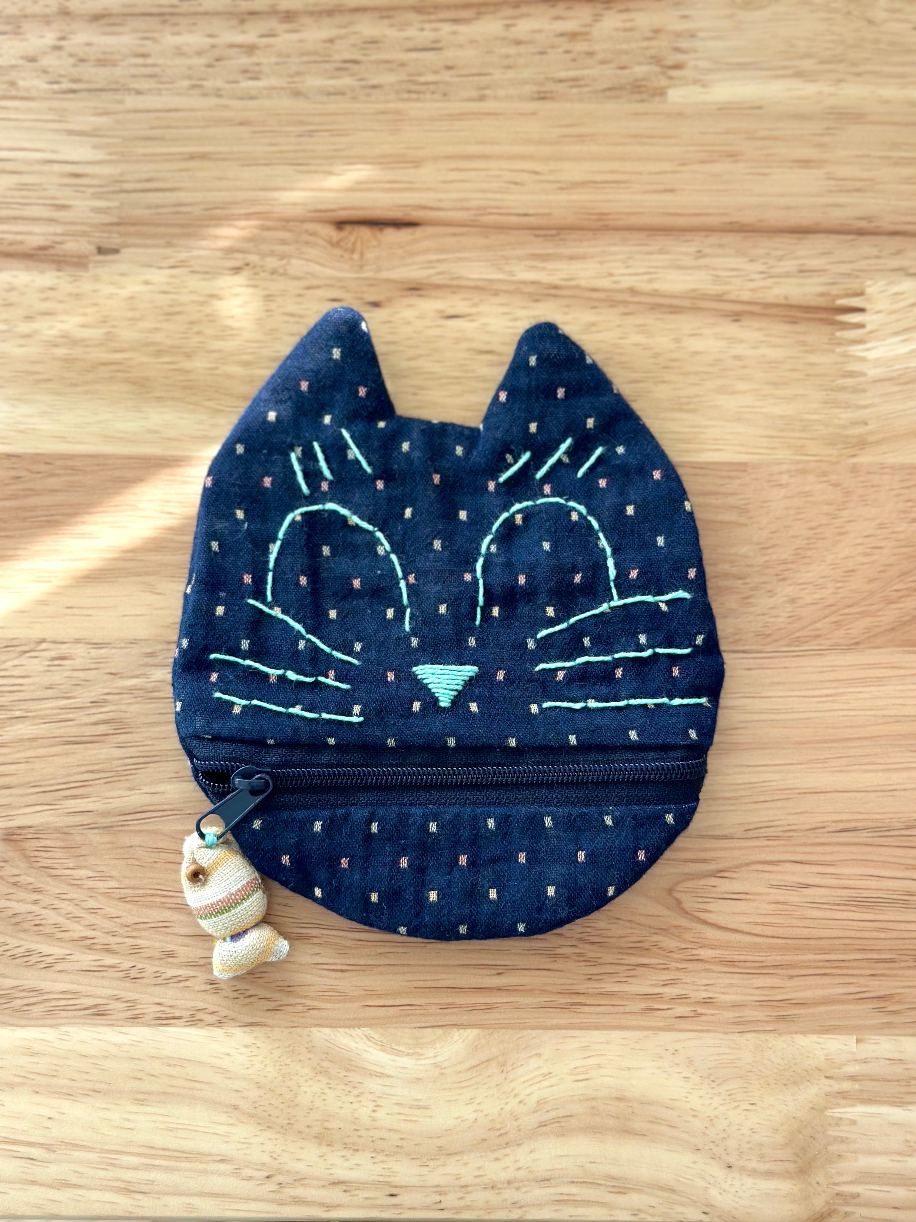 Handmade Cotton Linen Pouch|Coin Bag|  - Checker Cat