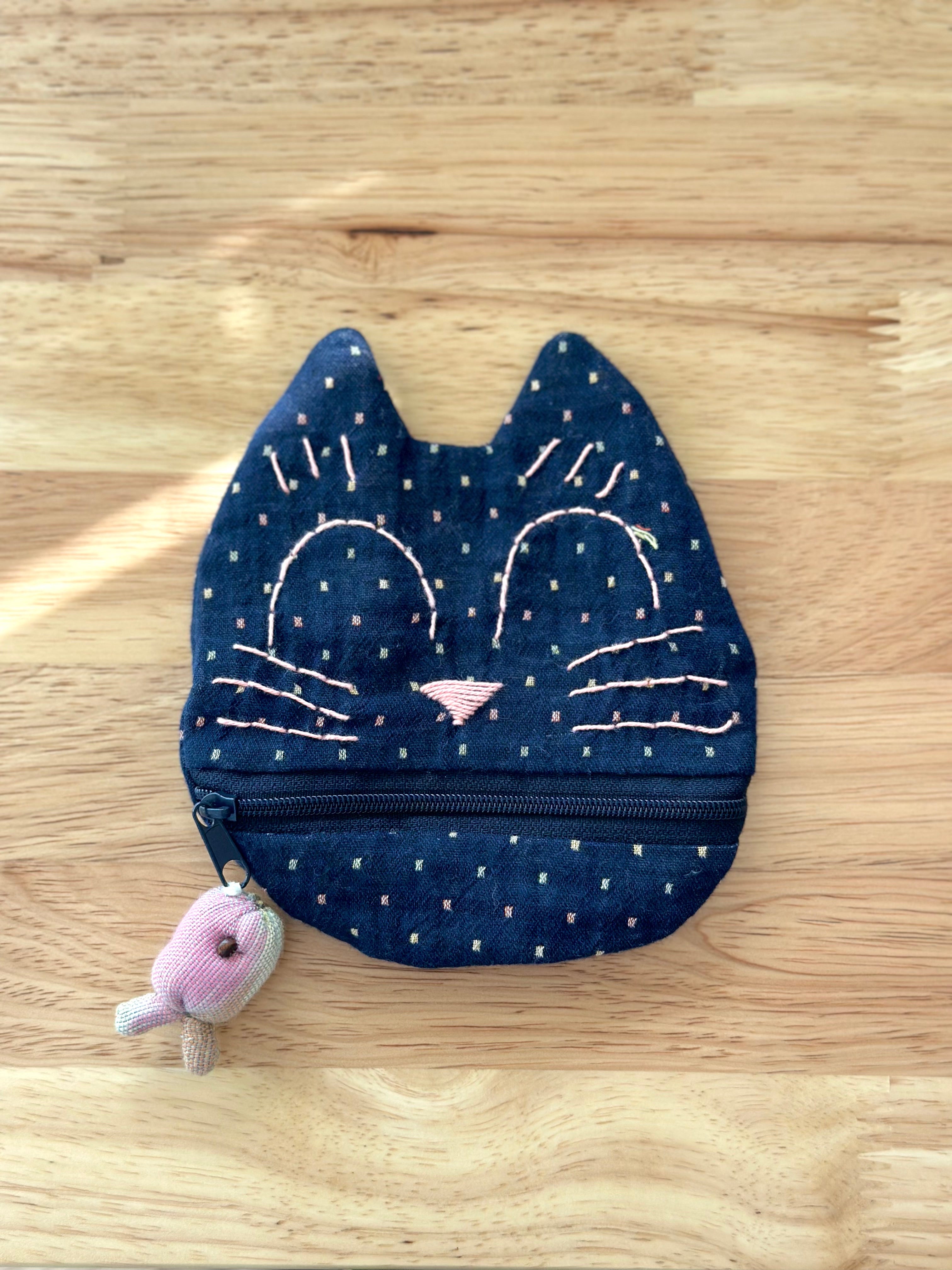 Handmade Cotton Linen Pouch|Coin Bag|  - Checker Cat