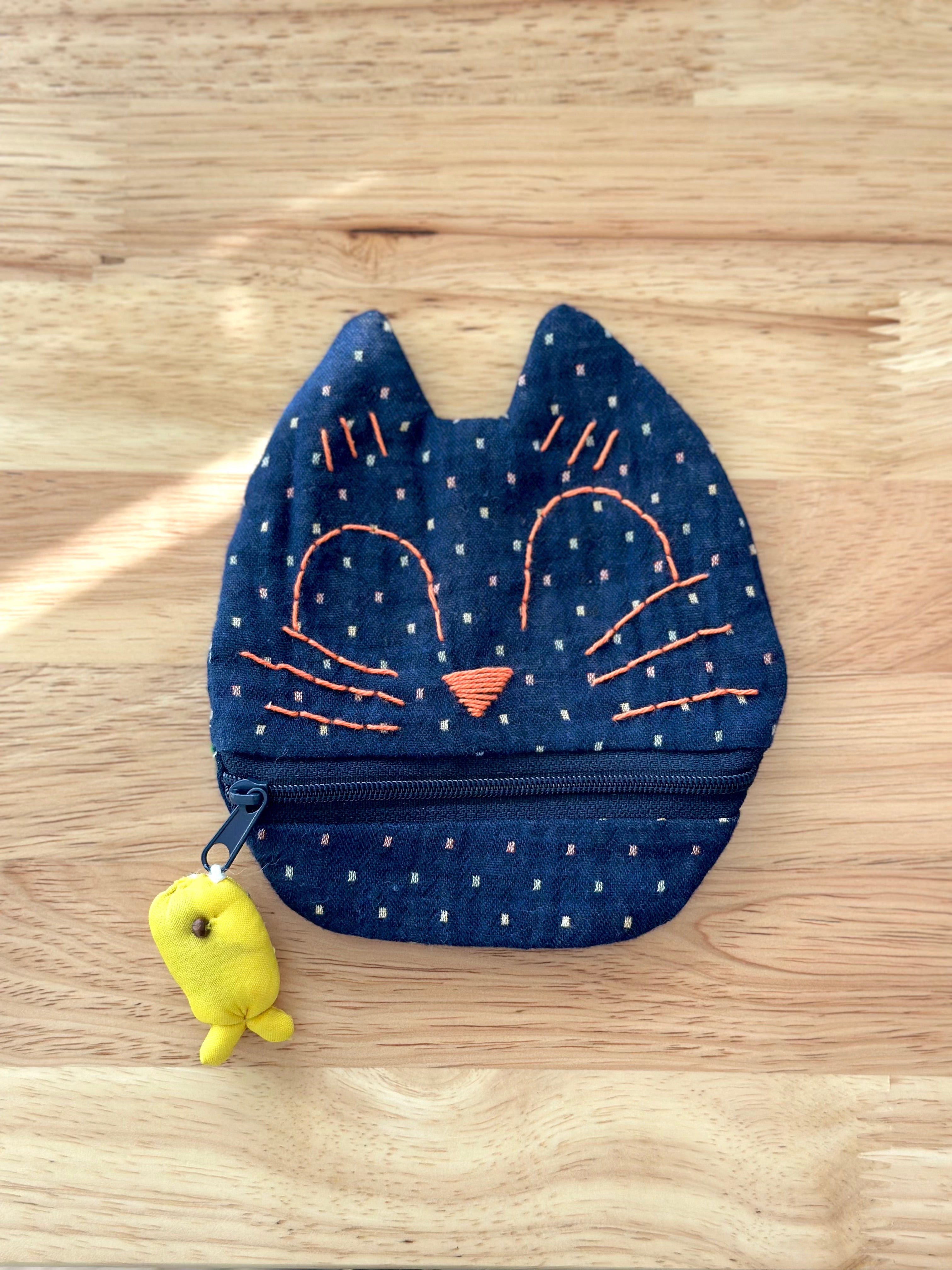 Handmade Cotton Linen Pouch|Coin Bag|  - Checker Cat