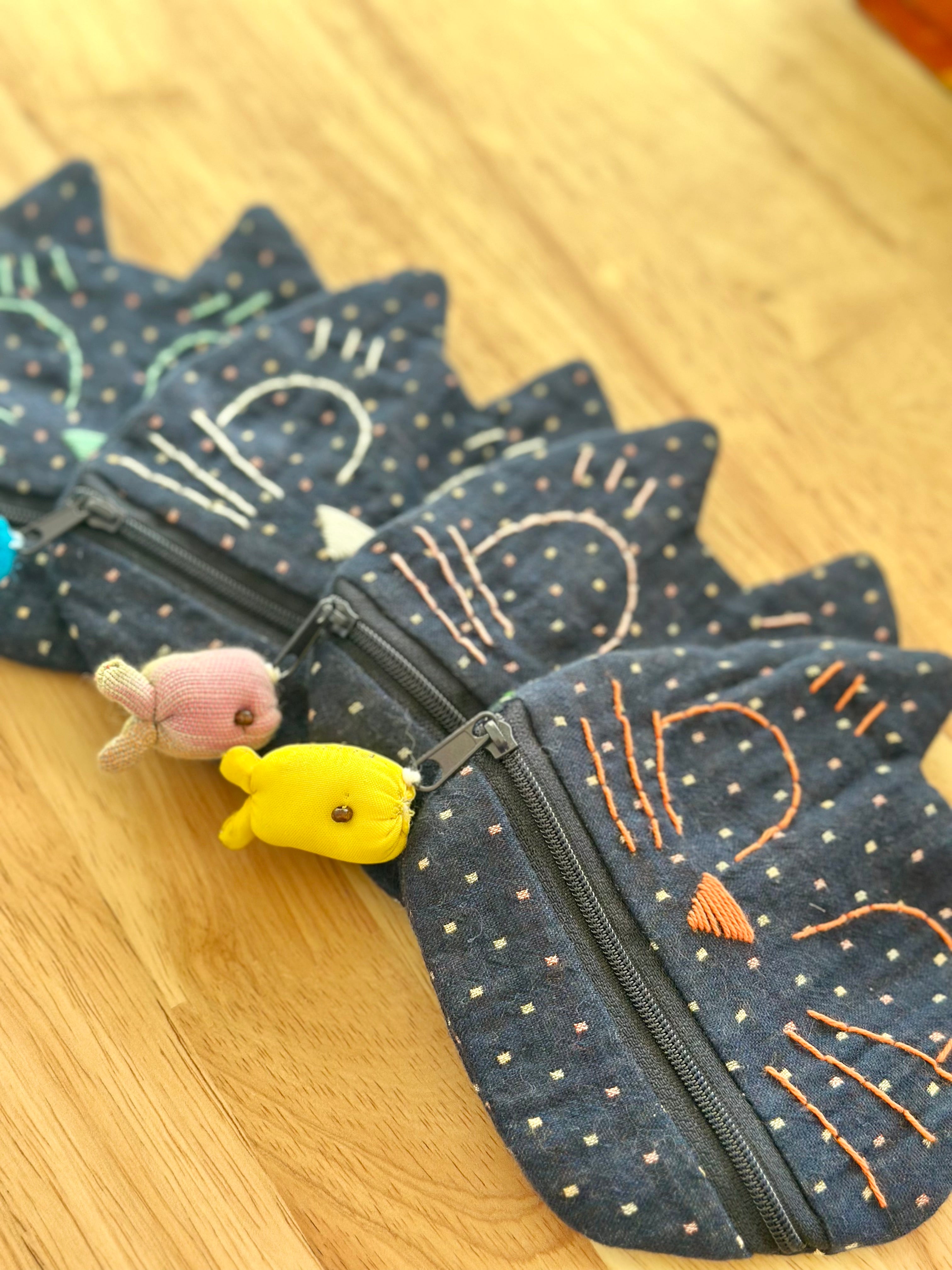 Handmade Cotton Linen Pouch|Coin Bag|  - Checker Cat