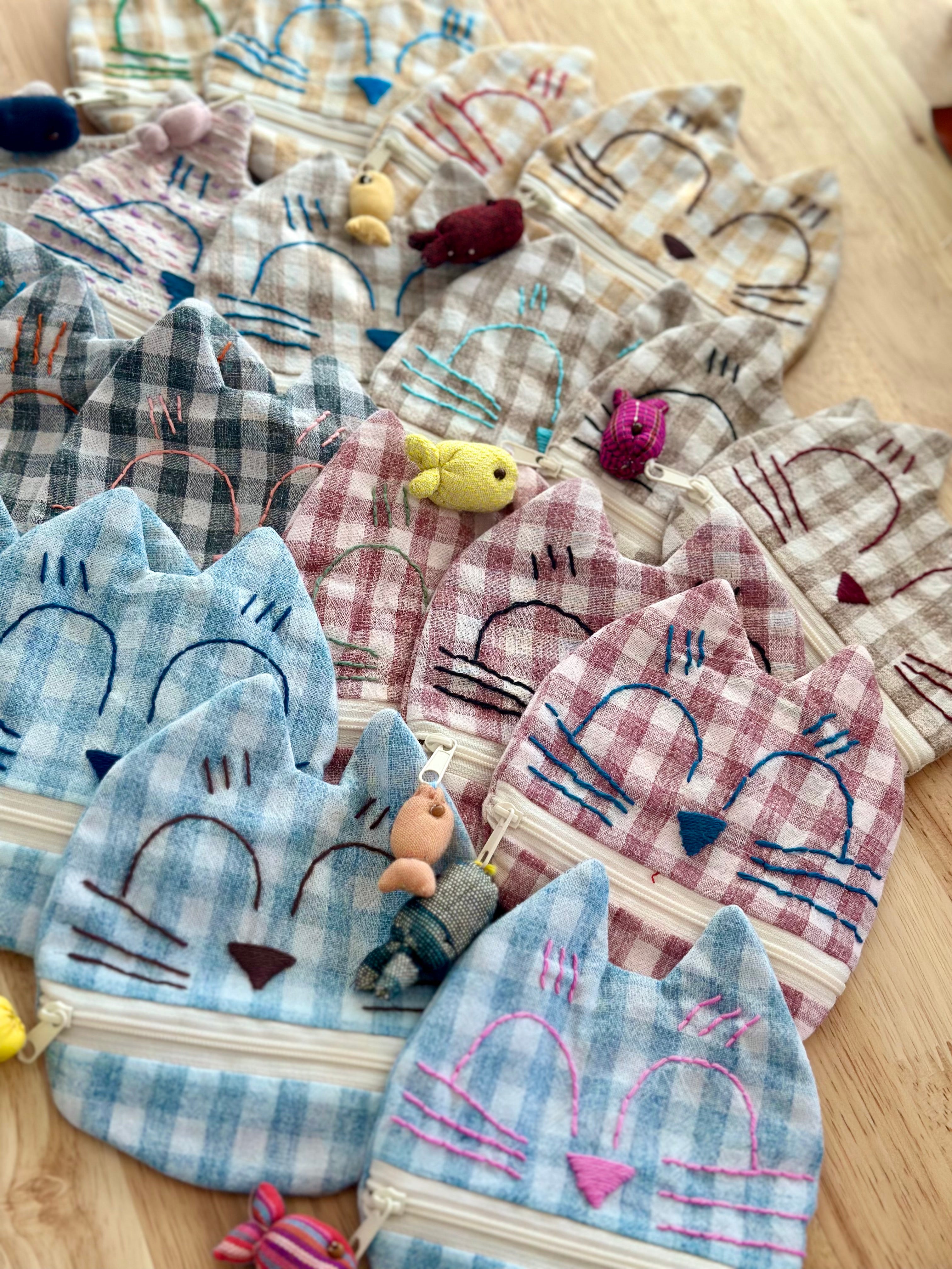 Handmade Cotton Linen Pouch|Coin Bag|  - Checker Cat