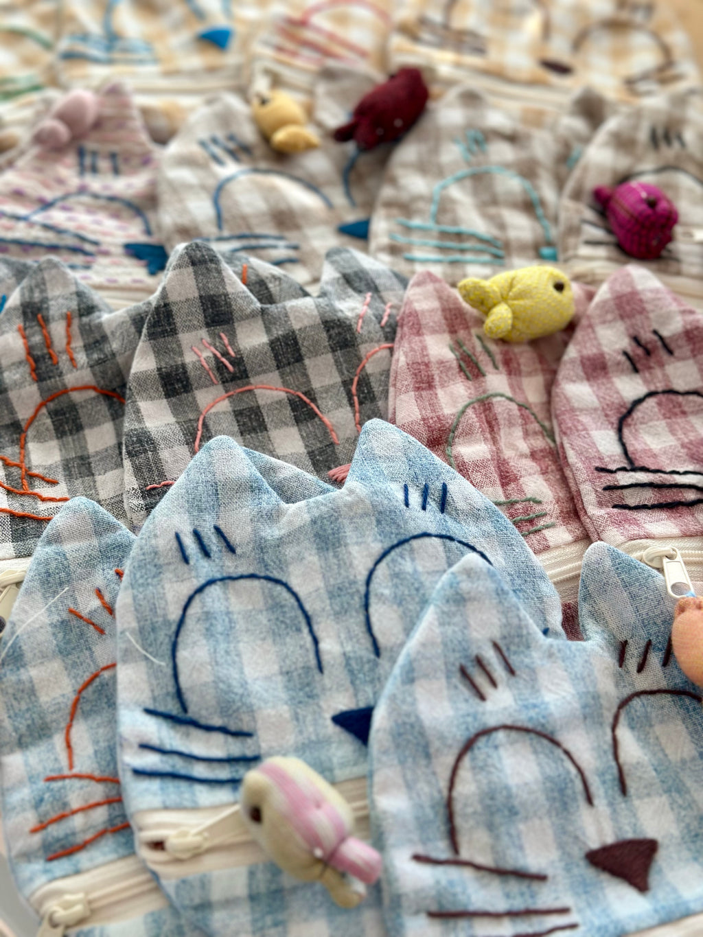 Handmade Cotton Linen Pouch|Coin Bag|  - Checker Cat